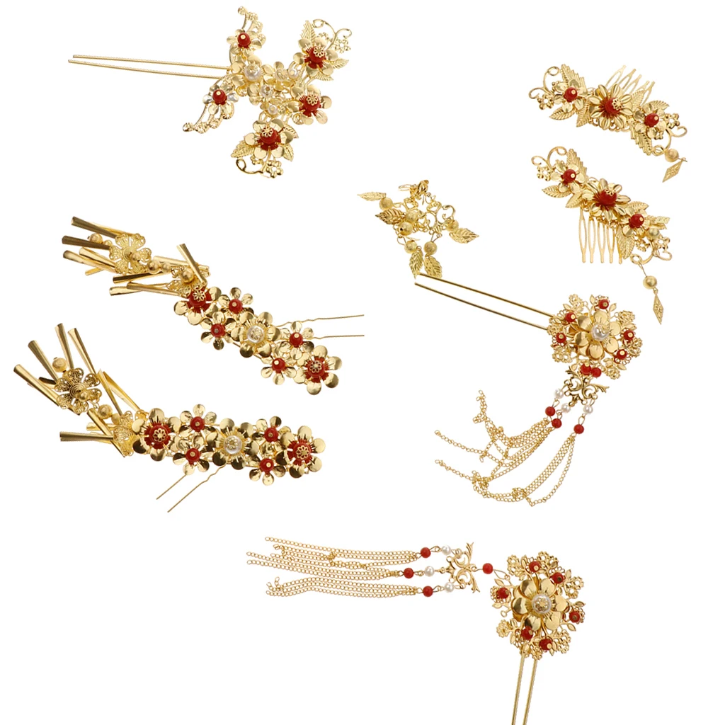 

9 Pieces Traditional Ancient Chinese Women Lady Statement Flower Tassel Hair Comb Pin Earring Set Banquet Jewelry