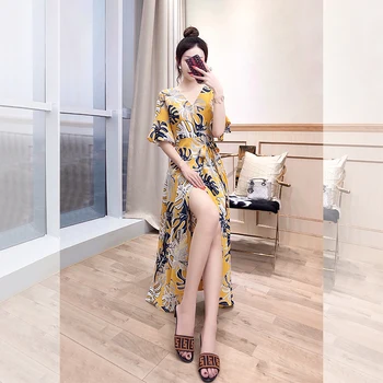 

2019 Dress Sexy Fashion Patchwork Print Short Flare Sleeve Bow Slit Women V Neck Night Club Body con Party Dresses Wholesale