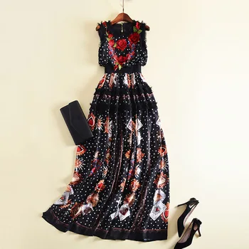 

IN STOCK Fashion Feminine Embroidery Floral Ruched Mesh Decorated Chiffon Tank Dress Prints Dress