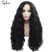 Sylvia длинные вьющиеся волосы черный 1B синтетический парик с кружевом спереди для женщин натуральные волосы линии термостойкие волокна бесклеевой парики ручной вязки