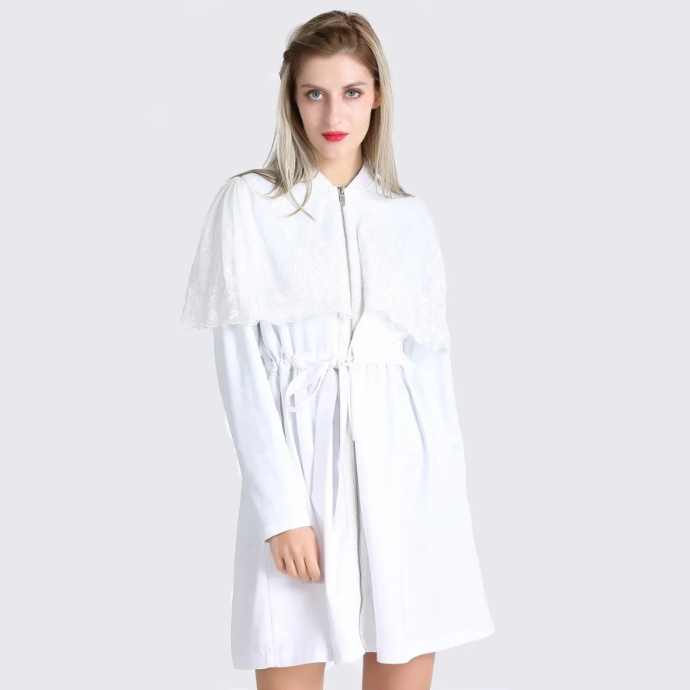 Autumn Spring Women Trench Coat White Lace Cloak Tunic Zipper Long