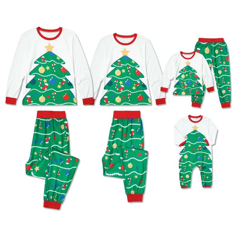 Осенне-зимний Повседневный Пижамный комплект для родителей и детей, Рождественская зеленая Рождественская елка