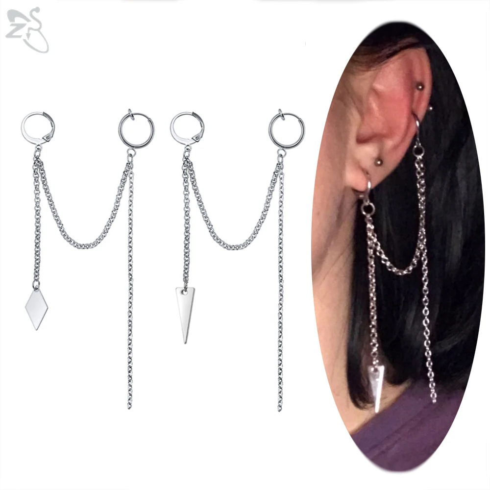 

ZS 1 Pc Stainless Steel Drop Earring Kpop Double Piercing Long Tassel Earrings Korean Trendy Eardrops Hip hop Rock Accessories