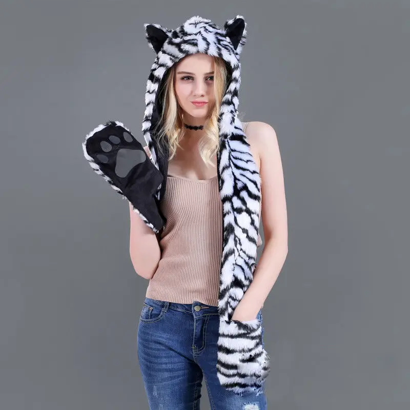 10 Styles Faux Fur Hood Animal Hat Ear Flaps Hand Pockets 3 in1 Animal Hat Wolf Plush Warm Earmuff Animal Cap with Scarf Gloves - Цвет: as picture