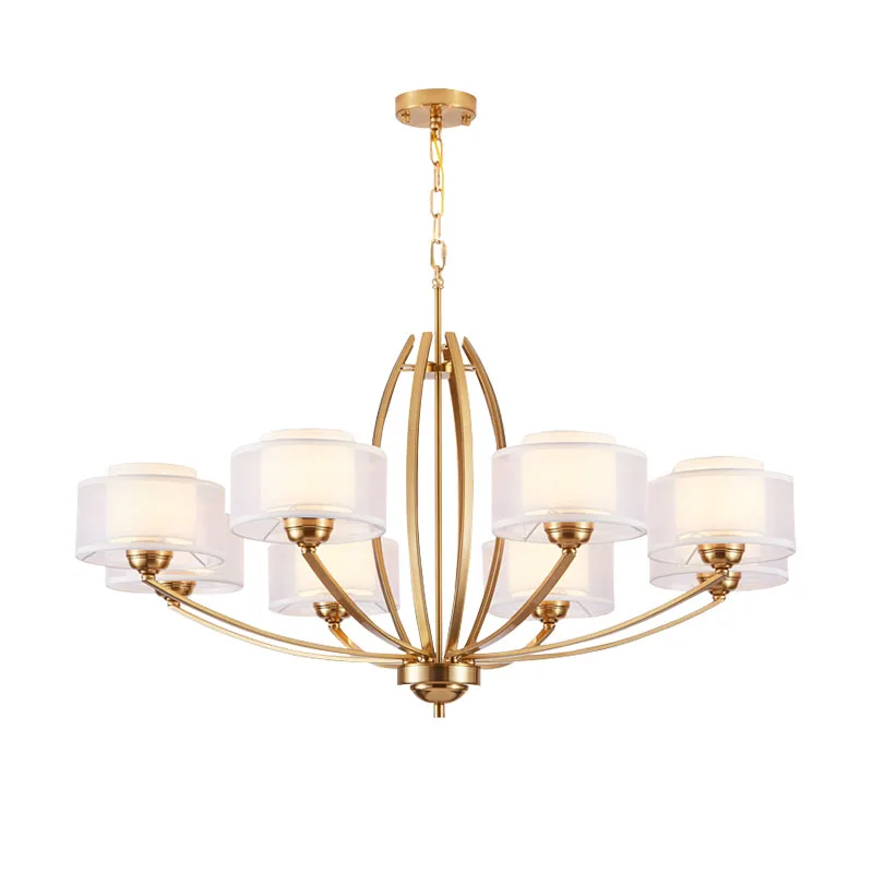 

American style Full copper Pendant lights Modern simple Living room restaurant 6/8 lamp E14 bulbs cloth glass shade droplight
