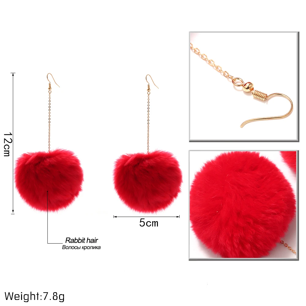 Ingesight.Z 5 Colors Exaggerated Rabbit Hair Pompon Chain Dangle Drop Earrings for Women Cony Hair Plush Ball Eardrop Brincos