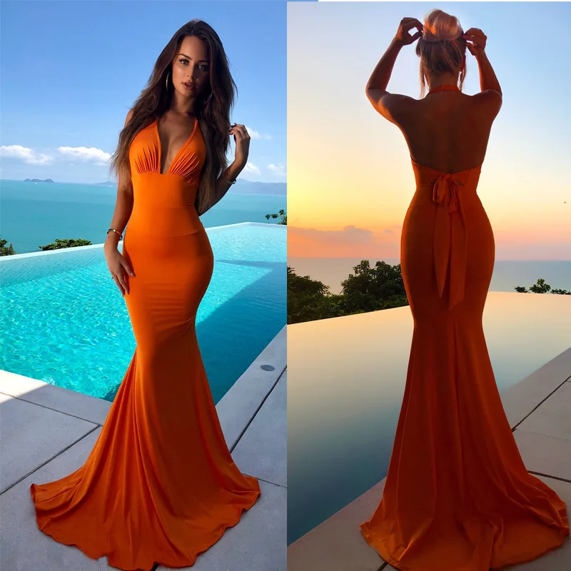 

Sexy Halter Women Summer Sleeveless V-Neck Backless Dresses Vintage Long Boho Party Casual Loose Maxi Beach Orange Dress