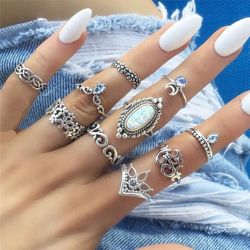 

10 pieces / set of ladies ring boho retro knuckle hollow ring ancient silver geometric crystal ring anillos mujer birthday set