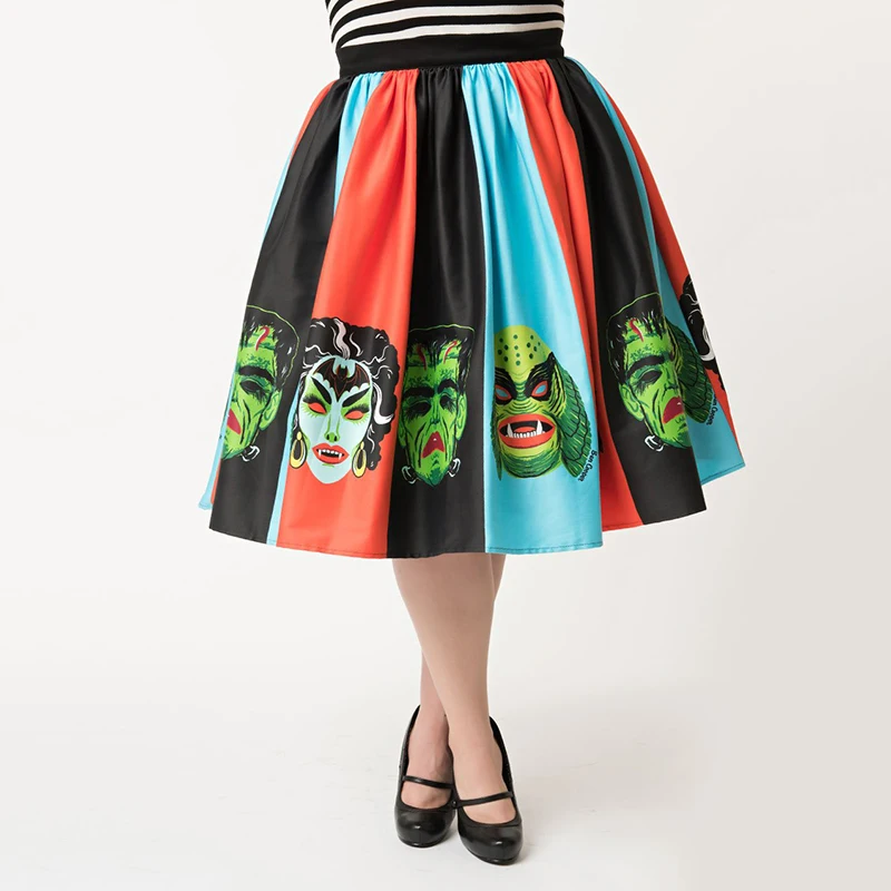 Весенняя Летняя женская плиссированная Расклешенная юбка-пачка с высокой талией, Женская винтажная юбка с принтом на Хэллоуин - Цвет: YH02656