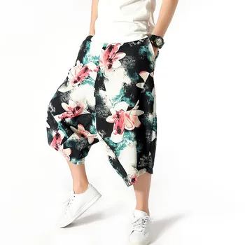 

Large Size 2019 New Summer Fashion Men Loose Linen Shorts Knee Length Harem Pants Male Print Casual Board Short Pants 12 Color