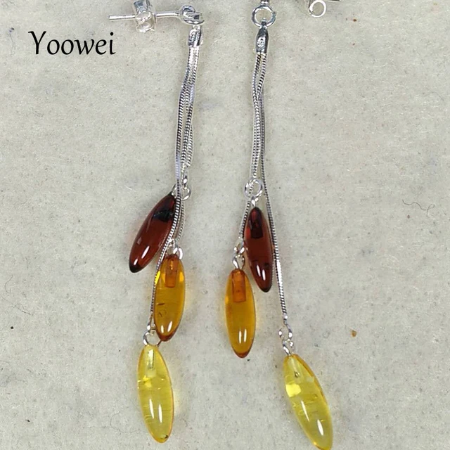 Yoowei Natural Amber Earrings For Women 925 Sterling Silver Gorgeous Yoowei Natural Amber Earrings For Women 925 Sterling Silver Gorgeous Long Drop Dangling Baltic