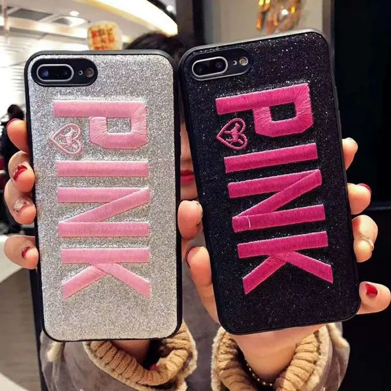 

2018New Bling Glitter Carta Rosa Casos de Telefone Para For Iphone 6 6s Bordado caixa do telefone Para iphone 7 8 plus X
