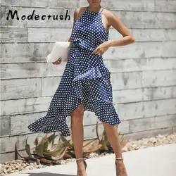 Modecrash летнее платье в горошек для женщин с рюшами на шнуровке с бретелькой через шею женское повседневное сексуальное миди-платье платья