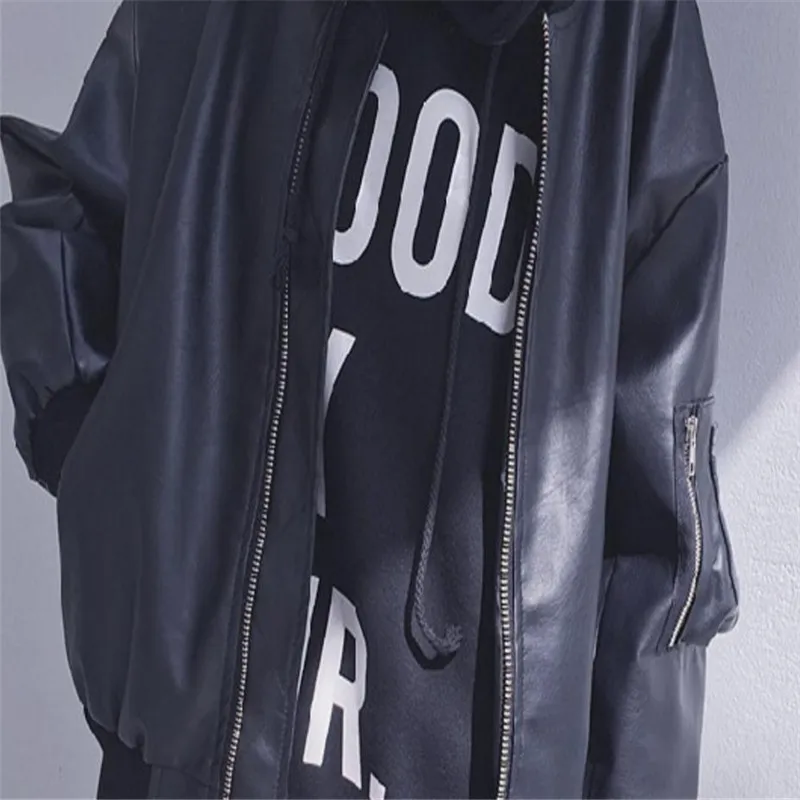 

European and American women's pu leather jacket black fashion casual baseball uniform jacket round neck zip personality jackets
