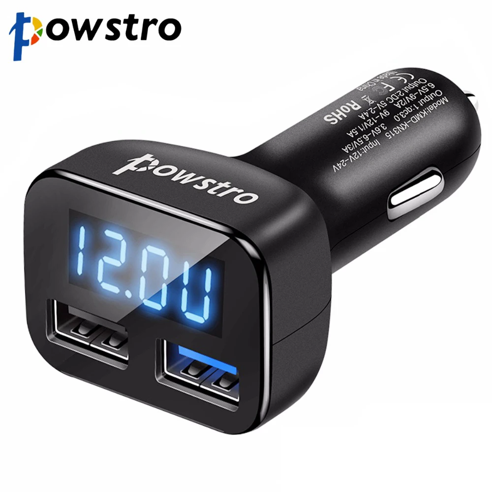 

Powstro Fast 3.0 Dual USB Car Charger Phone Charger 3.0 2.4A Smart Fast Charging Parameter Display Mobile Phone Charger Adapter