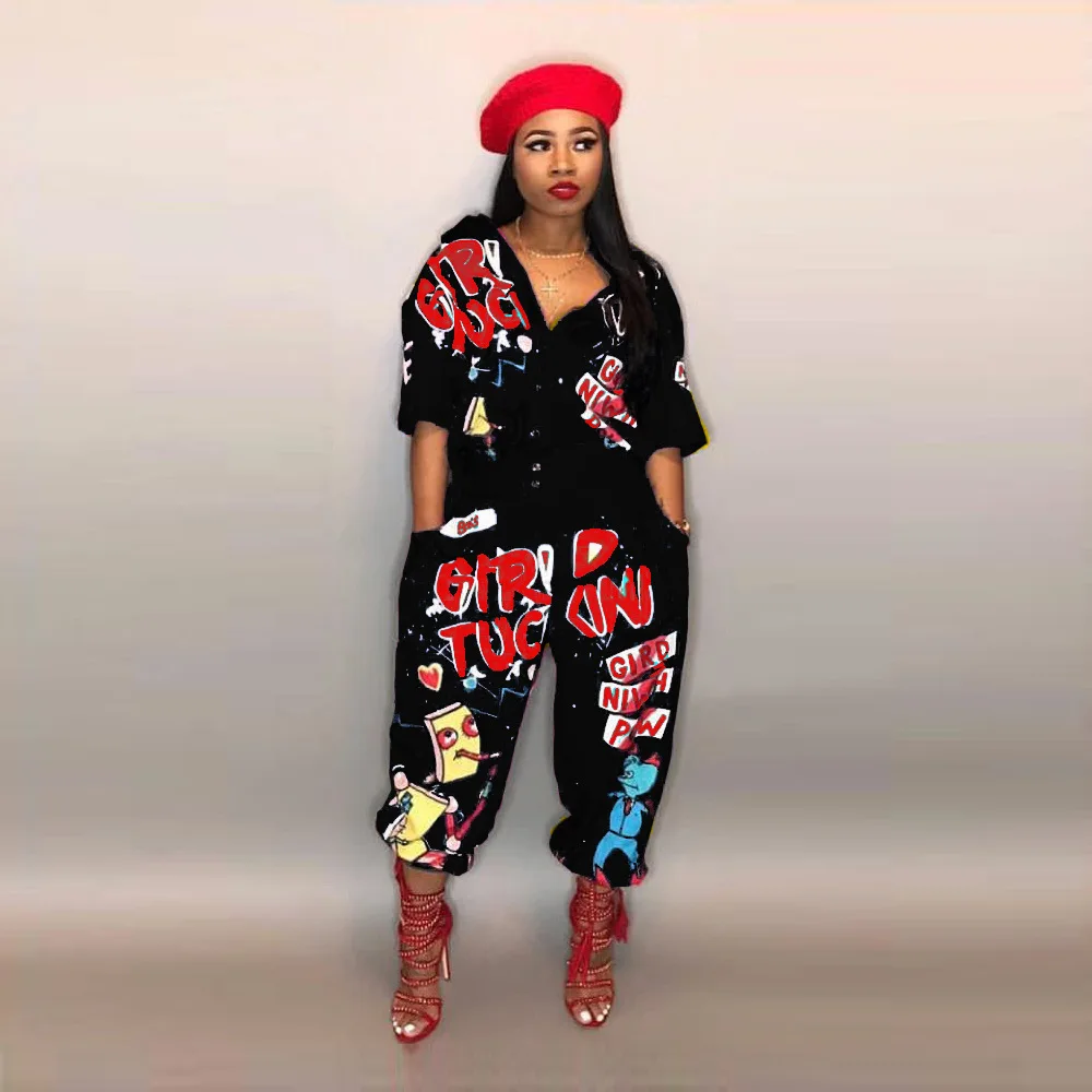 2018 Новый стиль модный бренд хип-хоп Стиль Для женщин комбинезон специальное письмо отложным воротником Половина рукава Ползунки