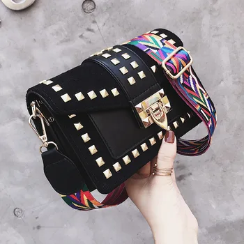 

MSGHER 2019 New Wide Shoulder Strap Small Square Bag Fashion Rivet Crossbody Bag Female Bags Messenger Bag Women WB1083