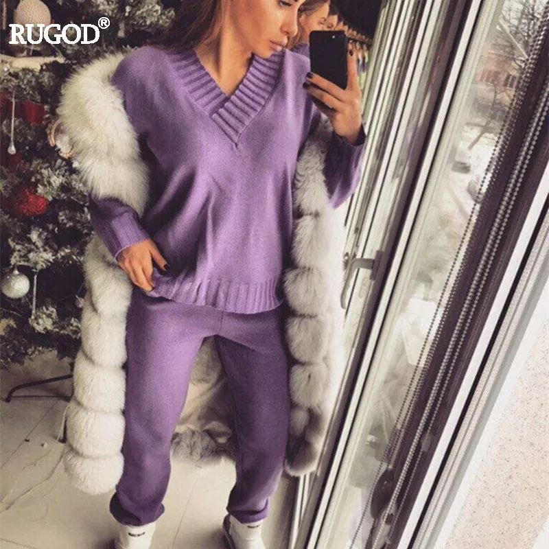 

Rugod 2019 Fashion 2 Two Piece Sets Women Solid Knitted Top and Pants Suits Sexy V-neck Long Sleeve Pullover+pants Tracksuit
