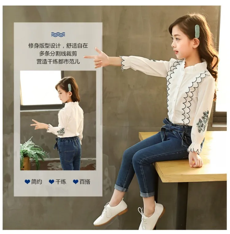 Roupa das Crianças Camisa de Renda + Calças Terno Outono Novo Crianças Meninas Coreano Estilo Manga Comprida Impressão Jeans 2 Pçs Conjuntos 2020 9 crianças meninas coreano estilo manga comprida impressão