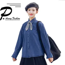 Женские джинсовые рубашки с длинными рукавами и отложным воротником, большие размеры, весенние свободные ковбойские майки с галстуком-бабочкой, свободные топы, футболки