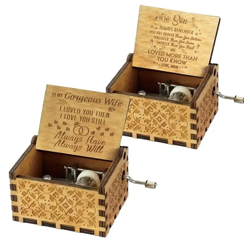 Nueva caja de música amor Papá y mamá amor mi sol de madera manivela caja de música antigua tallada para mamá papá y regalos de cumpleaños para hijo