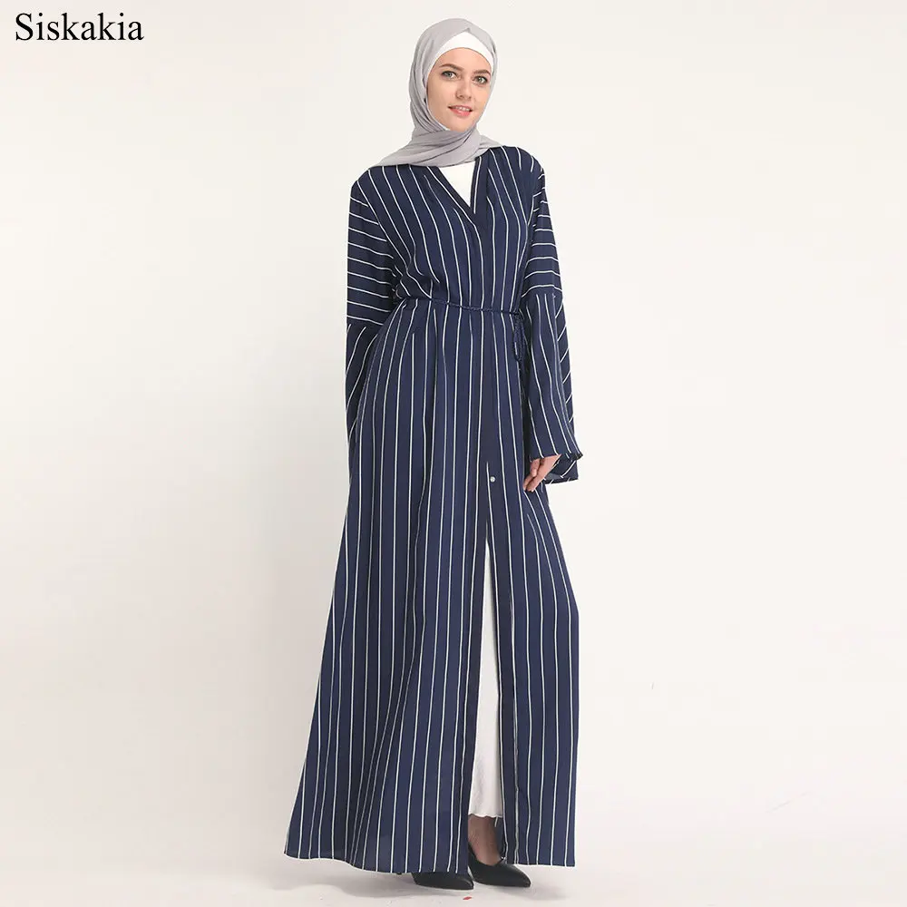 Siskakia Muslim Elegant Stripe Patchwork Single breasted Cardigan Robe Abaya Women Eid High Waist Flare Sleeve Slim Sashes Abaya (6)
