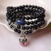 Корея Мода Maneki Neko натуральный синий песок браслет богема Стиль Таиланд Будда буддийской медитации Четки Молитва Бусины