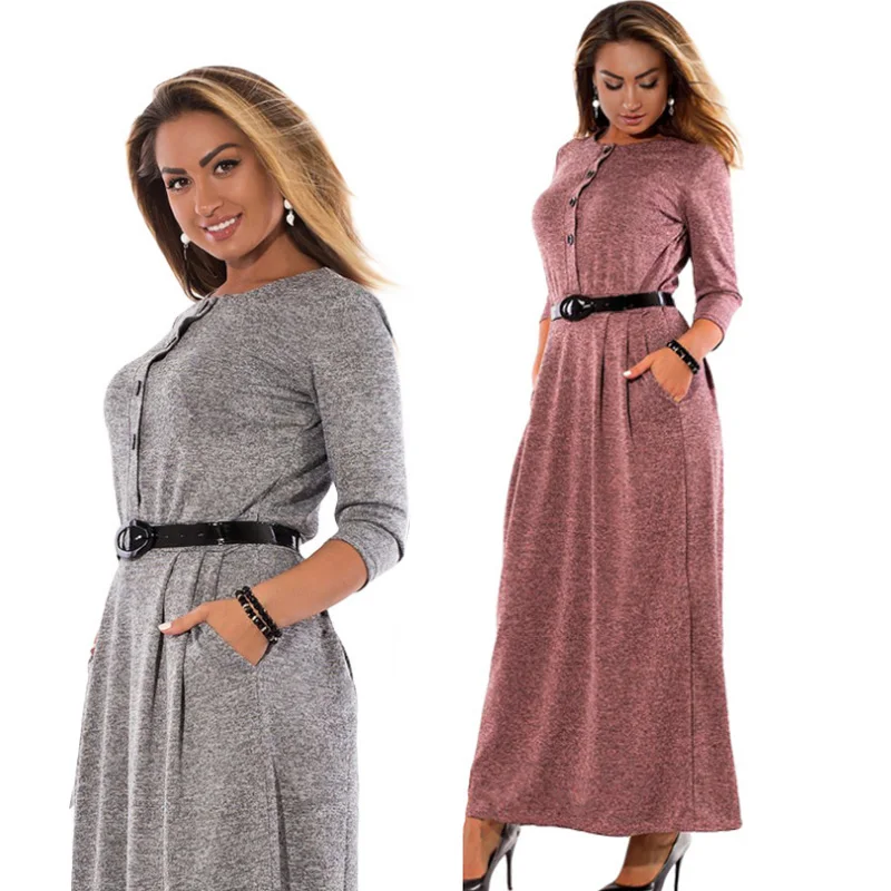 long sleeve maxi dress 2020 spring high quality woman gray dresses plus