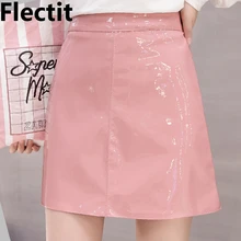 Flectit черный, розовый с мокрым эффектом Искусственная кожа юбка Для женщин Высокая талия мини-платья трапециевидной формы из латекса юбка фестиваль вечерние Клубные винил юбка