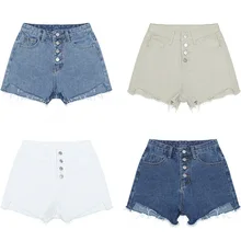 Для женщин Джинсовые шорты Летняя мода высокой посадкой Винтаж отрезать Raw-Cut пуговицы с бахромой короткие джинсовые Короткие шорты цвет: черный, синий белый