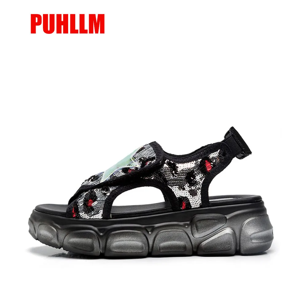 

2019 summer explosions muffin sandals flat bottom buckle breathable casual fashion sequins large size ladies sandals