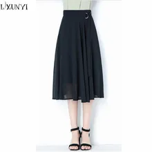 Lxunyi Для женщин летние юбки плюс Размеры корейский линия Высокая талия юбка элегантные модные линии качели плиссированная юбка миди шифон 4XL