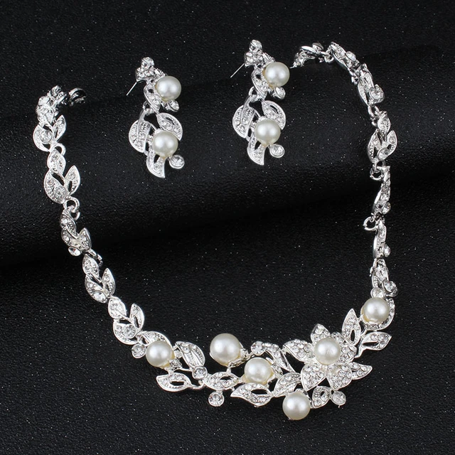 Imitation Pearl Necklace Earrings Jewelry Set Women Female Wedding Party  Crystal Ornaments Dress Accessories Bijoux - AliExpress