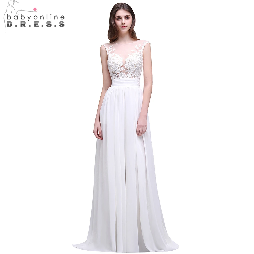 Romantic Summer Boho Lace Beach Wedding Dresses 2017 Sheer Neck Chiffon Wedding Gowns Side Slit Bridal