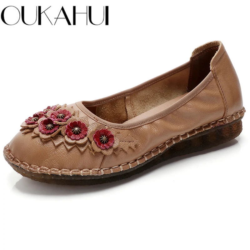 

OUKAHUI Handmade Vintage Genuine Leather Shoes Woman Flats Casual With Flower Cow Skin Slip-On Comfort Soft Ladies Ballet Flats
