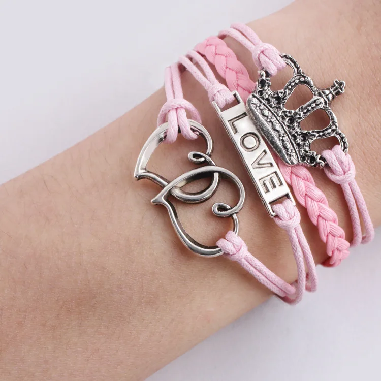 

Fashion Love Crown Double Heart Multilayer DIY Retro Hand Woven PU Leather Rope Bracelet Women Jewelry Gift