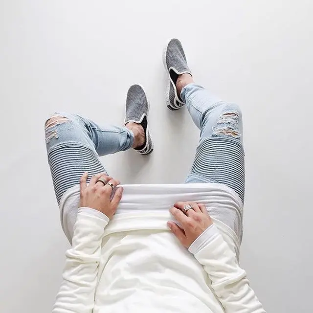 Горячая 2019 весна лето мужские джинсы молодежи шить брюки рваные мужские high street в стиле хип-хоп Повседневное джинсы локомотив мужчин