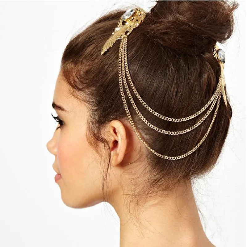 

Retro Gold Gem Diamond Angel Feather Tassels Side Clip Hair Band Hairpin