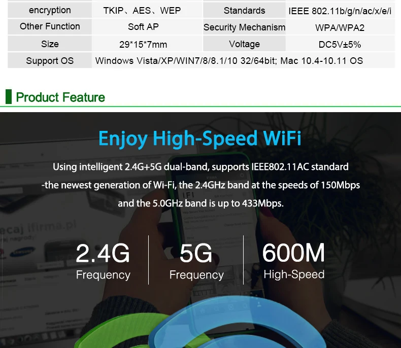 USB WiFi адаптер AC 600 Мбит/с ПК мини беспроводной Wifi антенна Сеть карта Dual Band 2,4 + 5,8 ГГц Lan Ethernet адаптер 802.11a/g/n/ac