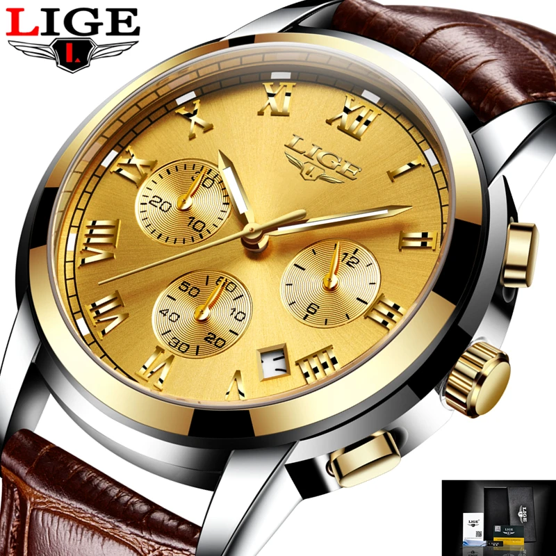 

2017 LIGE Men's Luxury Brand Chronograph Men's Sports Watch Waterproof Leather Quartz Men's Watch Men's Relogio Masculino