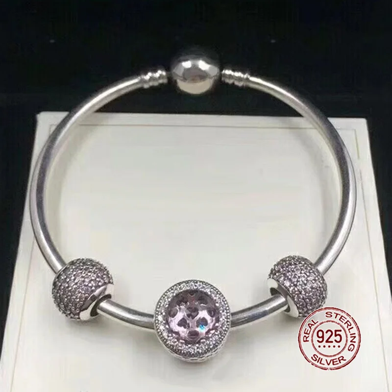

NEW 100% 925 Sterling Silver Bracelet Light Brown Charm Bangles for Women With DIY Beads Modern Love Jewelry Bracelet Sets Gift