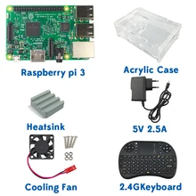 1 ГБ RAS Pi 3 комплекта Raspberry Pi 3 Модель B доска+ акриловый чехол+ вентилятор охлаждения+ sic радиатор+ 5v2. 5A Мощность Зарядное устройство+ 2.4 г клавиатура