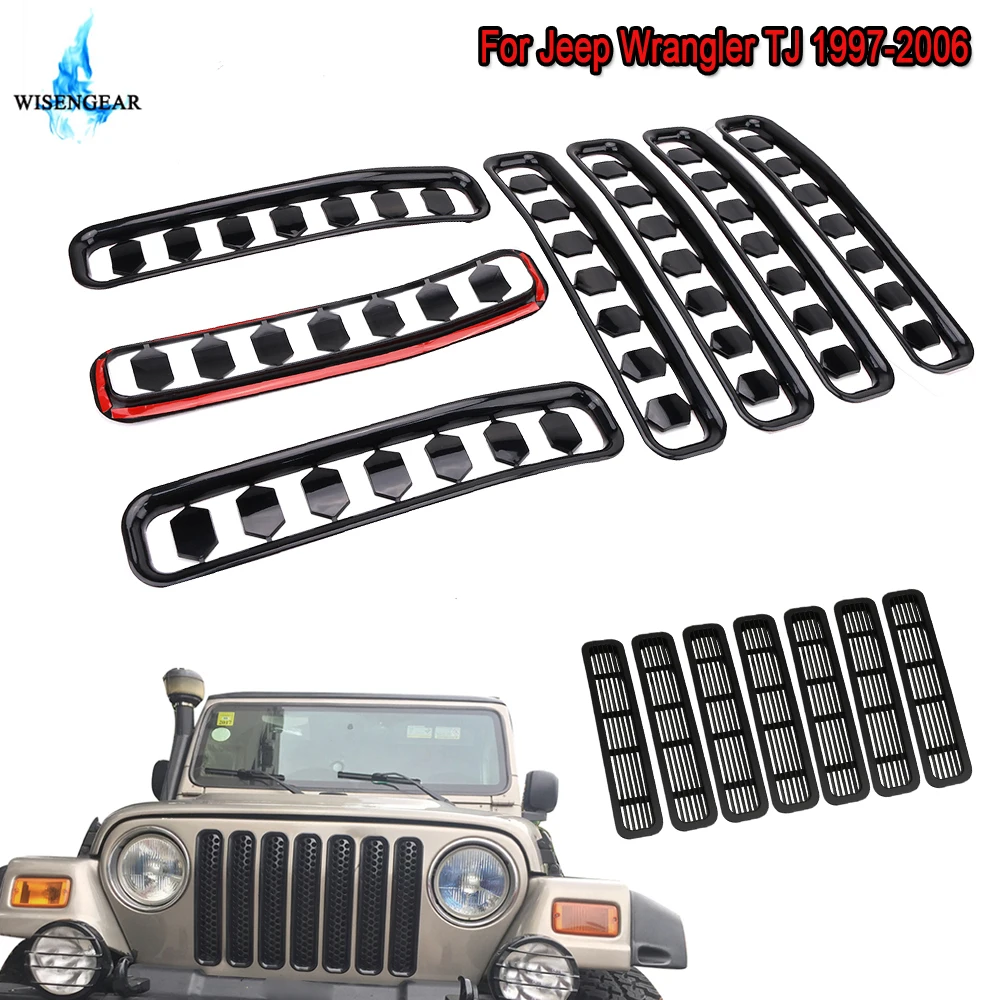 WISENGEAR For Jeep Wrangler TJ 1997-2006 Black Front Grille Mesh Honeycomb Stripe Insert Grilles Frame Cover Vent Radiator Grill