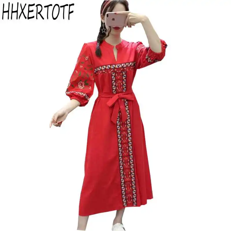 

Women Floral Embroidered Ethnic Dress Cotton Linen Lantern Sleeve Dress 2019 fashion casual Loose bow belt Long Dress