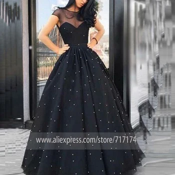 

Charming A-Line Scoop Neck Cap Sleeve Open Back Black Tulle Long Prom Party Dress Pearls Cocktail Formal Dress Quinceanera Dress