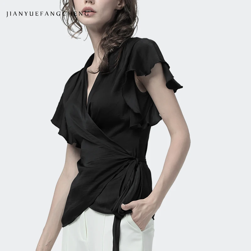 

100% Silk Blouse Women Tunic Tops With Belt Crossed Lace Up Summer Cardigan Short Sleeve Sexy V-Neck Slim Black Women' Shirt