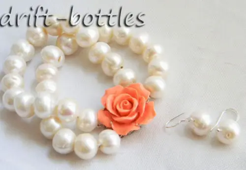 

2Strands 13mm Round White Freshwater Pearl Bracelet Earring Set