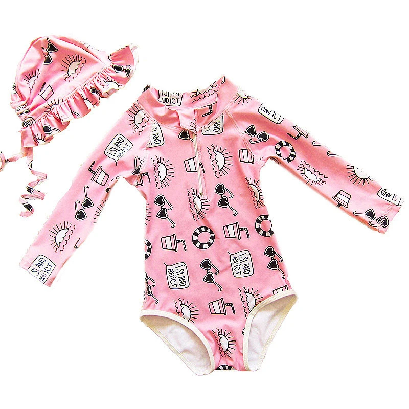 Купить New Korean Style Sun-Proof Girl Long Sleeve Swimwear With Cap One Pieces Swim Suit Beach Wear Kids Bathing 2-9Years  Спорт и | Комбинезоны (32880176704)