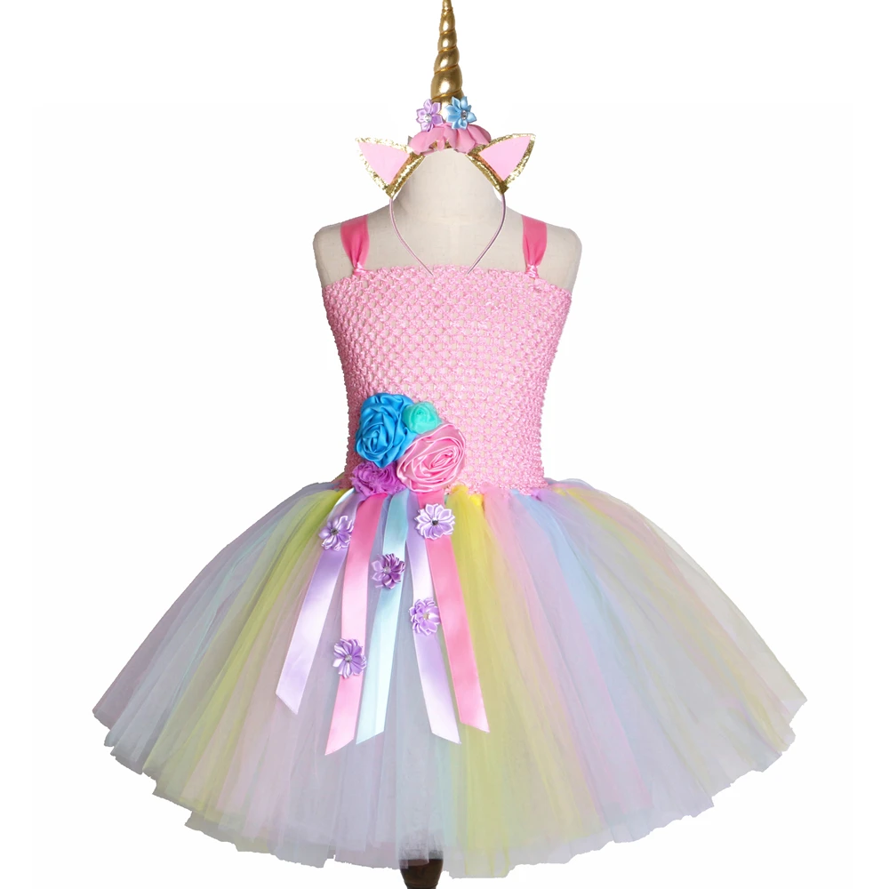 Kids Girls Unicorn Tutu Dress Pastel Ribbons Flower Girl Birthday Party