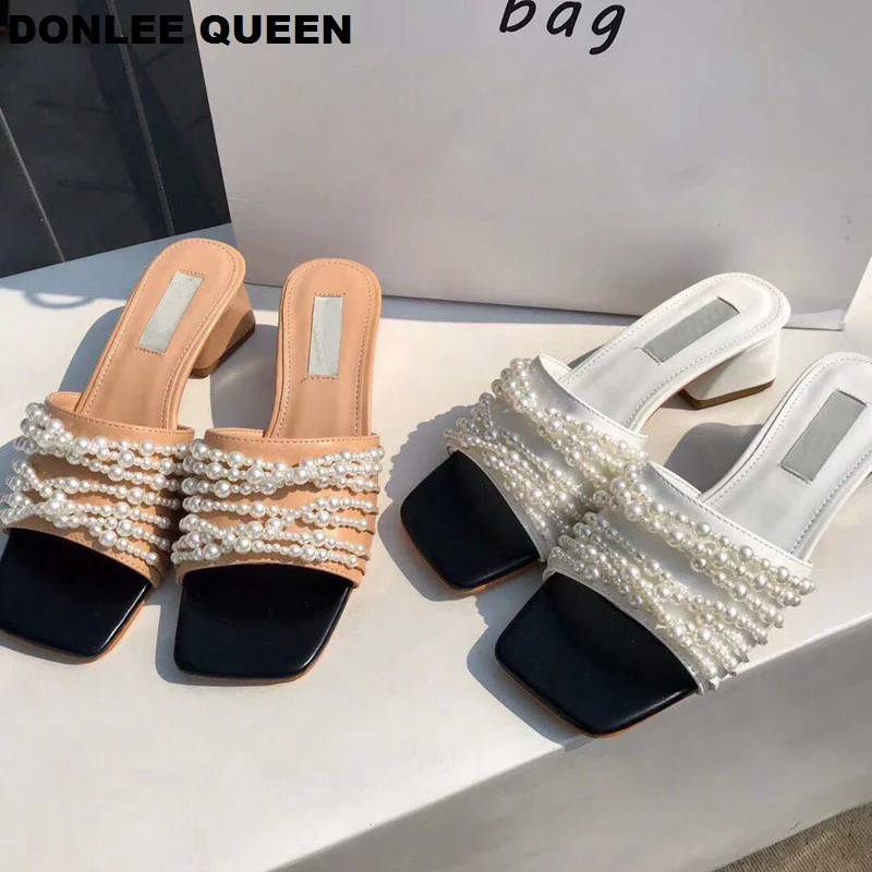 

Summer Slippers Brand Shoes Women Low Heels Slipper String Bead Pearl Sandals Slip On Slides Outdoor Flip Flops zapatos de mujer
